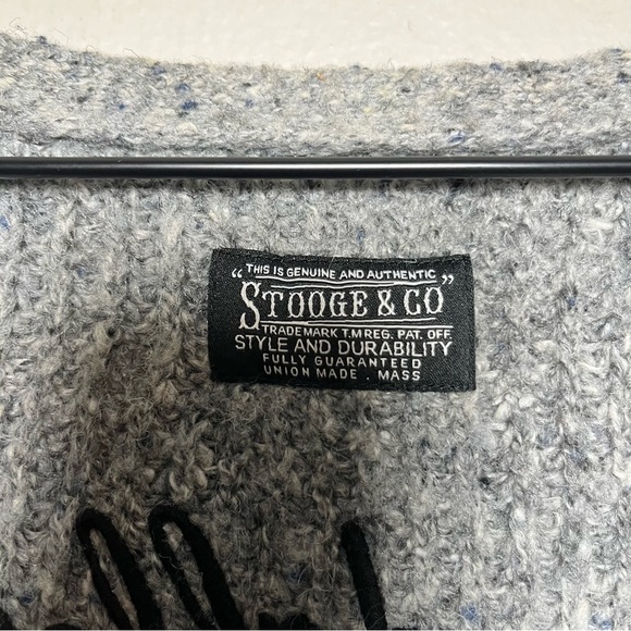 Stoogie & Co Men Cardigan Sweater Large Gray Button Front Japanese Wool Spellout - Picture 8 of 12